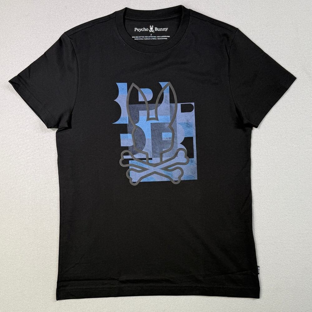Psycho Bunny Zealand Graphic Applique Logo Tee black/blue 3/XS $60